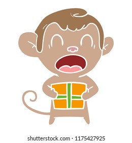 shouting flat color style cartoon monkey carrying christmas gift