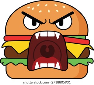 Gritando hamburguesa monstruo con dientes y cara agresiva