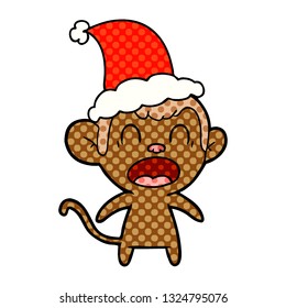 shouting hand drawn comic book style illustration of a monkey wearing santa hat