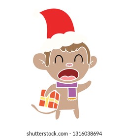ilustración a color plano dibujada a mano de un mono cargando regalo de navidad usando sombrero santa