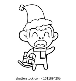 Schreien einer handgezeichneten Linie eines Affen mit Weihnachtsgeschenk mit Weihnachtsmütze