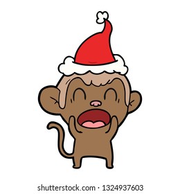 shouting hand drawn line drawing of a monkey wearing santa hat