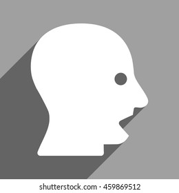 Shouting Head long shadow vector icon. Style is a flat shouting head white iconic symbol on a gray square background.
