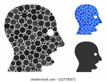 Shouting head mosaic of round dots in various sizes and color hues, based on shouting head icon. Vector dots are composed into blue mosaic. Dotted shouting head icon in usual and blue versions.