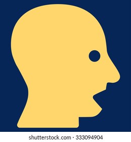 Shouting Head vector icon. Style is flat symbol, yellow color, rounded angles, blue background.