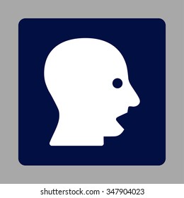 Shouting Head vector icon. Style is flat rounded square button, white and dark blue colors, silver background.