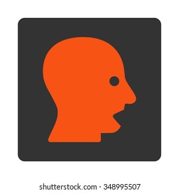Shouting Head vector icon. Style is flat rounded square button, orange and gray colors, white background.