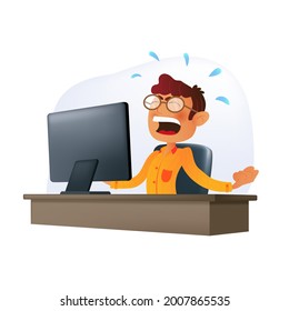 Shouting and irritated businessman character at the desk behind the monitor. Vector illustration of a cartoon freelancer or employee in eyeglasses with annoyed emotion isolated on a white background