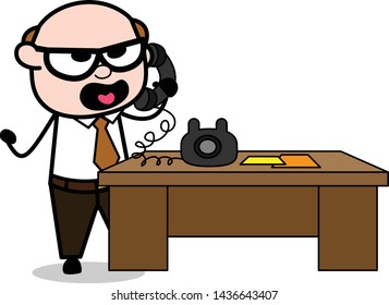 Shouting on Call - Retro Cartoon Father Old Boss Vector Illustration