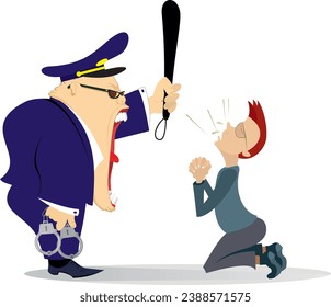 Shouting police officer. Kneeling man confessing in criminal.
Frightened man kneeling before the angry police officer with handcuffs and baton
