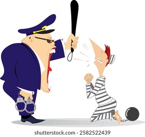 Shouting police officer and prisoner. Kneeling prisoner man confessing in criminal in front of the shouting police officer. Praying on the knees prisoner man