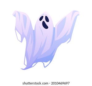 Shouting or screaming evil halloween ghost with terrible facial expression. Scary floating apparition, costume for holiday celebration. Mysterious poltergeist creature. Flat cartoon character vector