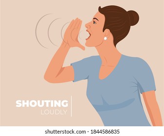 Shouting and screaming loud to side with hands over mouth. Communication. Lady announces and promotes. Screaming woman in profile. Woman isolated on background shouting loudly Vector flat illustration