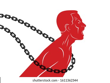 Shouting And Screaming Man Trying To Break The Chain Struggling For Freedom, Fight And Liberate Concept, Liberty And Human Rights Vector Conceptual Illustration.