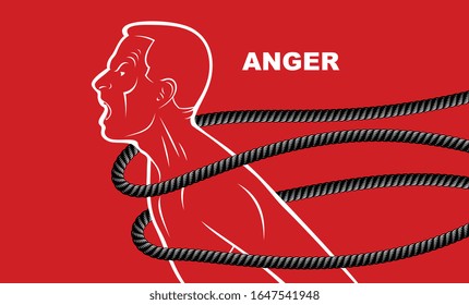 Shouting And Screaming Man Trying To Break The Rope Struggling For Freedom, Fight And Liberate Concept, Liberty And Human Rights Vector Conceptual Illustration.