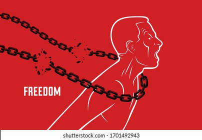 Shouting And Screaming Man Trying To Break The Chain Struggling For Freedom, Fight And Liberate Concept, Liberty And Human Rights Vector Conceptual Illustration.