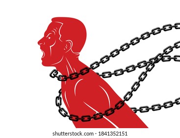 Shouting And Screaming Man Trying To Break The Chain Struggling For Freedom, Fight And Liberate Concept, Liberty And Human Rights Vector Conceptual Illustration.