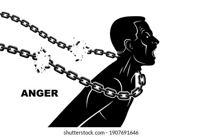 Shouting And Screaming Man Trying To Break The Chain Struggling For Freedom, Fight And Liberate Concept, Liberty And Human Rights Vector Conceptual Illustration.