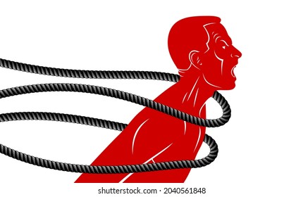 Shouting And Screaming Man Trying To Break The Rope Struggling For Freedom, Fight And Liberate Concept, Liberty And Human Rights Vector Conceptual Illustration.