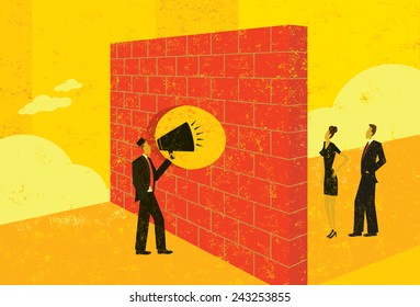 Shouting through a brick wall A businessman overcoming a barrier to communicate with potential clients.  The people & brick wall and the background are on separate labeled layers.