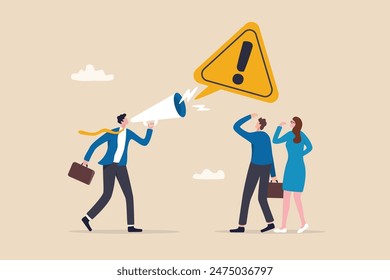 Shouting warning message, caution or alert attention, safety or danger announcement, risk or important information, beware or careful sign, businessman shouting on megaphone with exclamation sign.