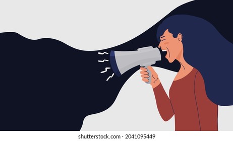 Shouting Woman. Speaker Lady. Abstract Female Character Screaming Into Megaphone. Social Ad Banner With Place For Text. Communication, Empowerment, Rights, The Struggle Of Strong Women. Vector Banner
