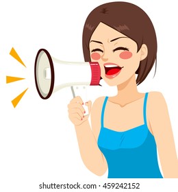 Shouting woman speaking holding megaphone advertising concept