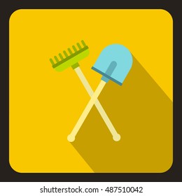 Shove and pitchfork icon in flat style on a yellow background vector illustration