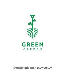 Shovel around which a green leaf concept template with sample text, green garden agriculture logo design template vector illustration