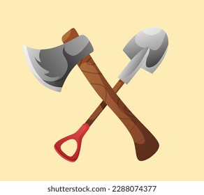 Ilustración vectorial del equipo de acampada de palas y hachas