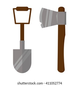 Shovel and axe on white background, vector illustration in flat cartoon style. Equipment for camping, excavation, tourism. 