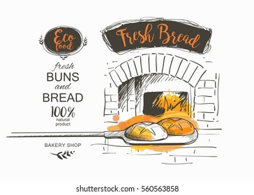 shovel baked bread oven vector illustration