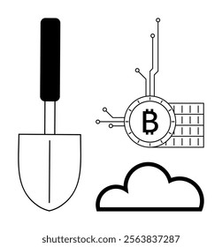 Shovel and Bitcoin symbol connected with electronic circuits beside a cloud shape. Ideal for cryptocurrency, blockchain technology, cloud computing, digital economy, data mining. Minimalist design