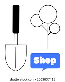 Shovel with black handle, abstract tree with circular leaves, and blue speech bubble with word Shop. Ideal for gardening, landscaping, plant care, retail shops, farming supply. Simple vector design