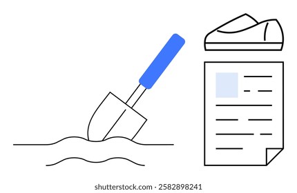 Shovel with blue handle digging into the ground beside a rolled-up blueprint. Ideal for construction, gardening, project planning, architecture, engineering, landscaping, and agricultural themes