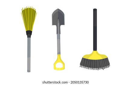 Shovel and Broom as Garden Tools and Equipment Vector Set