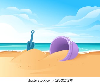 Shovel and bucket toy on beach happy childhood hobby building sandcastle vector illustration with beachside and clear sky