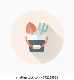 Shovel and bucket toys  icon , Vector flat long shadow design. Children's toys concept.