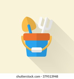 Shovel and bucket toys  icon , Vector flat long shadow design. Children's toys concept.
