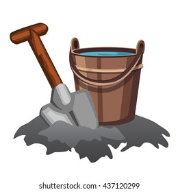 A shovel and a bucket of water. Vector.