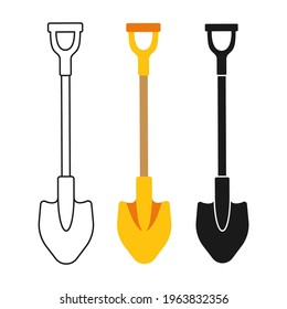 Shovel cartoon set line icon, black glyph style. Work tool for outdoor activities digging symbol. Rural gardening, Construction equipment collection. Hand drawn garden concept vector illustration