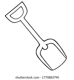 Shovel. Children toy for beach games. Vector illustration. Outline on an isolated white background. Doodle style. Sketch. Inventory for building a castle on the sand and snow removal. Plastic scoop. 