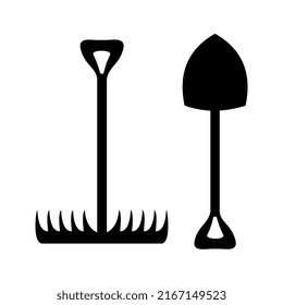 shovel and claw icon for farming on white background
