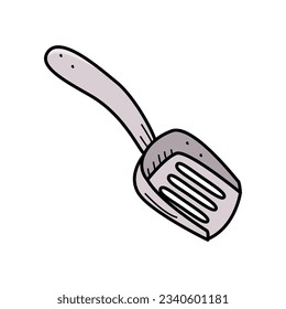 Shovel for cleaning for pets. Vector doodle illustration, tray cleaning icon for cat or dog.