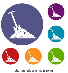 Shovel in coal icons set in flat circle reb, blue and green color for web
