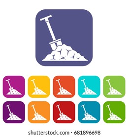 Shovel in coal icons set vector illustration in flat style in colors red, blue, green, and other