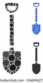 Shovel composition of filled circles in various sizes and color tints, based on shovel icon. Vector random circles are composed into blue composition. Dotted shovel icon in usual and blue versions.