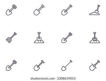 Shovel concept. Collection of modern high quality shovel line icons. Editable stroke. Premium linear symbol for web sites, flyers, banners, online shops and companies. 