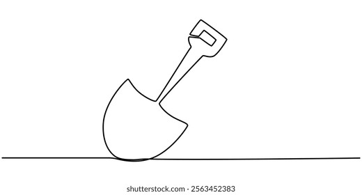 Shovel, dig, construction, cleaning one line art. Continuous line drawing of repair, professional, hand, people, concept, support, maintenance, Line Art Spade Tool Illustration. Scoop Sketch. 