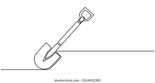 Shovel, dig, construction, cleaning one line art. Continuous line drawing of repair, professional, hand, people, concept, support, maintenance, Line Art Spade Tool Illustration. Scoop Sketch. 